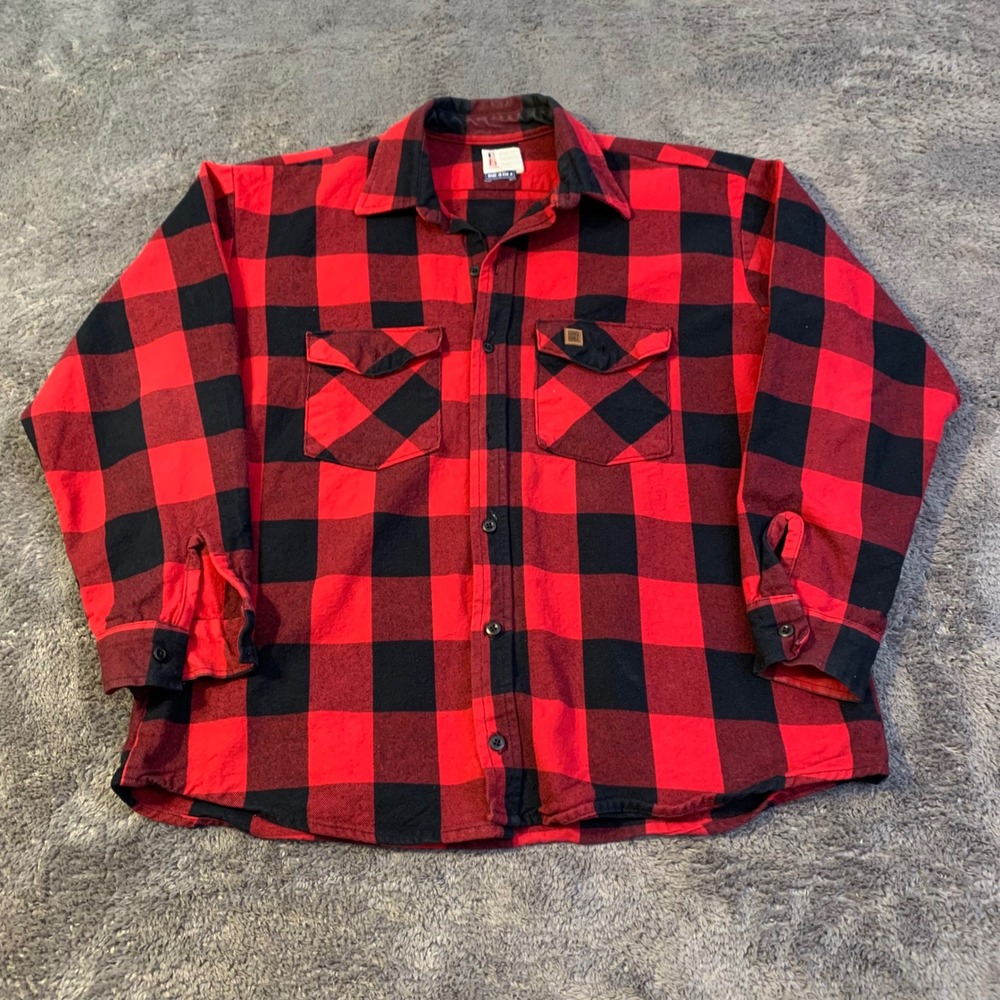 90s Big Bill Mens XL Buffalo Plaid Flannel Shirt Red Black Button Up Made In USA
